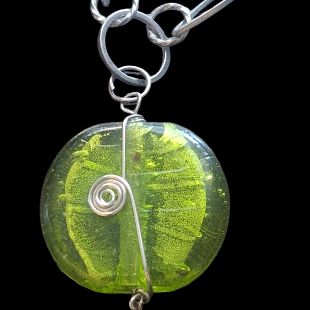 Vintage Murano Green Glass w Metal Accents Multiple Strand Adjust Necklace 17"